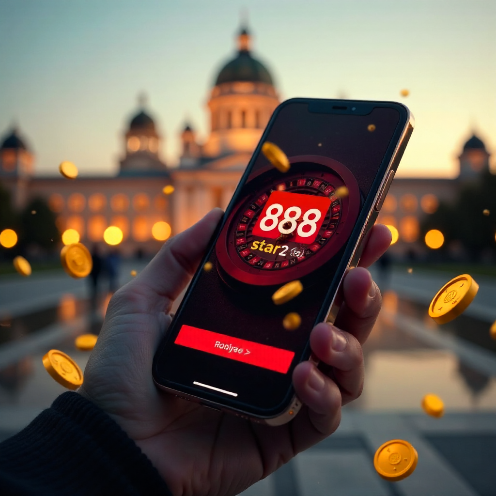 A premium smartphone held in a hand featuring the 888starz app, with the Palace of Culture and Science in Warsaw in the background, official red and white brand colors, 3D flying golden coins and roulette elements, cinematic lighting, 8k.